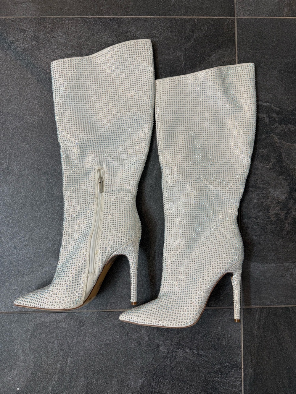 Jennifer Lopez White Crystal-Studded Knee-High Stiletto Boots